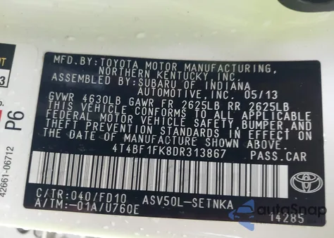 2013 Toyota Camry Le z USA, uszkodzony, nr VIN 4T4BF1FK8DR313867